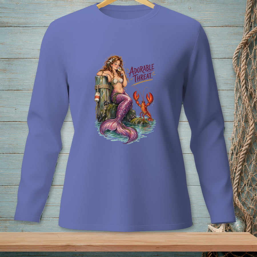 Mermaid with lobster and text "Adorable Threat" on a purple shirt.