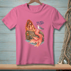 Pink t-shirt with a mermaid on a rock and a seagull with text "That was a lot of words."