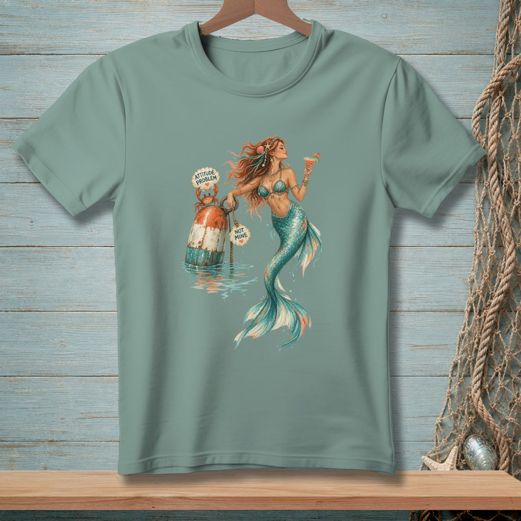 T-shirt with mermaid holding a drink near a buoy with "Attitude Problem" and "Not Mine" signs.