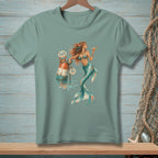 T-shirt with mermaid holding a drink near a buoy with "Attitude Problem" and "Not Mine" signs.