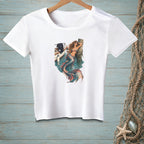 White t-shirt with a graphic of a mermaid leaning on a pole by a boat.