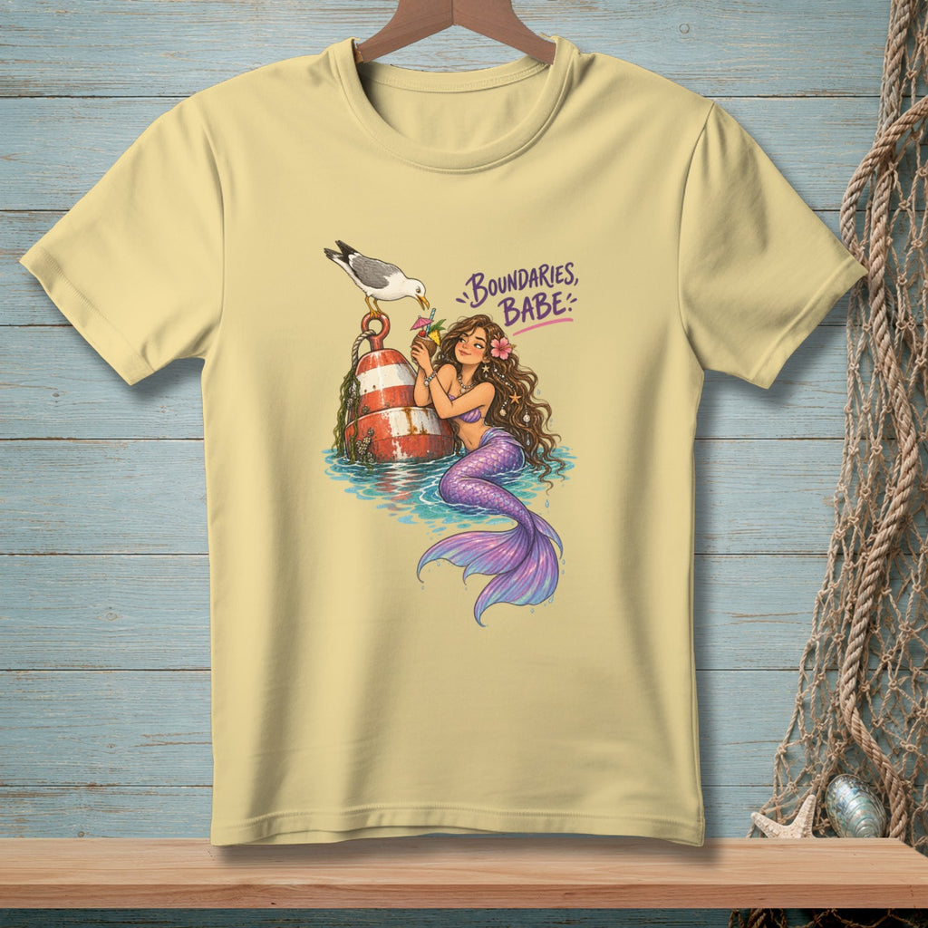 Mermaid with purple tail holding a drink, text "Boundaries, Babe" on light yellow t-shirt.