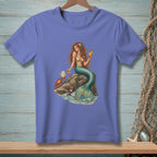 Mermaid with drink and crab on a rock with a shell and paper.