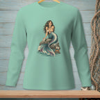 Mint long sleeve shirt with a seated mermaid, a rock, and a crab with text.