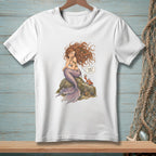 Mermaid with purple tail sits on rock, crab says "That's cute".