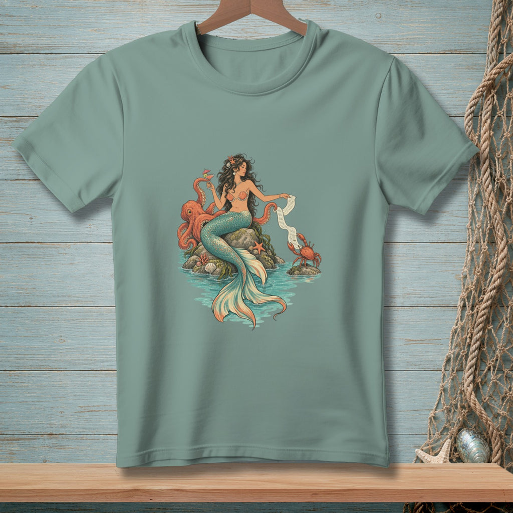 Mermaid holding a drink and scroll with octopus and crab on rocks.
