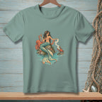 Mermaid holding a drink and scroll with octopus and crab on rocks.
