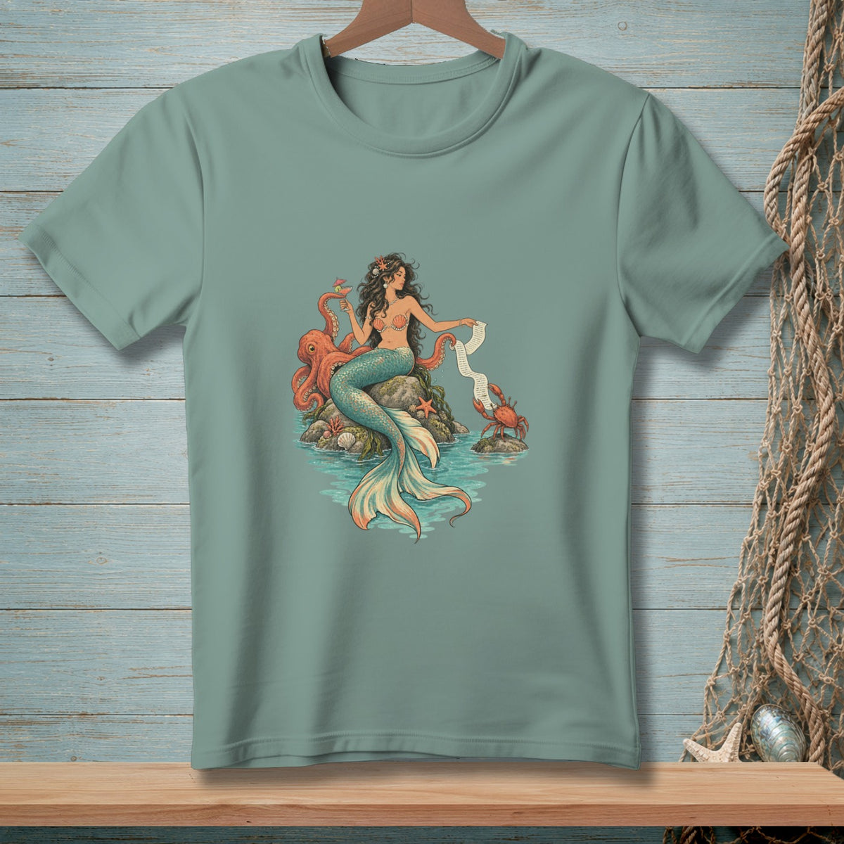 Mermaid holding a drink and scroll with octopus and crab on rocks.