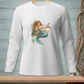 Long-sleeve white shirt with a mermaid and pufferfish graphic.