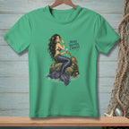 Green t-shirt with mermaid, crab, and text "Make Better Choices".