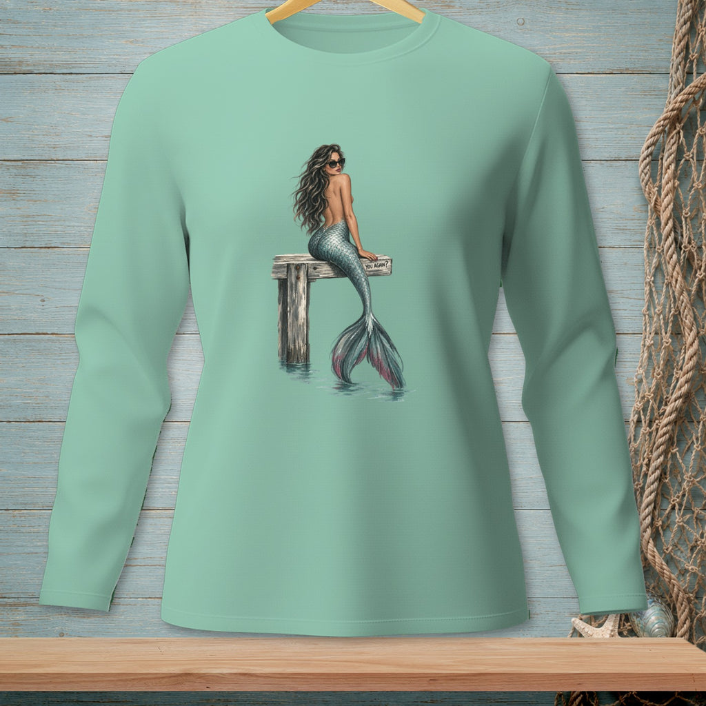 Mermaid on pier, sunglasses, tail in water, "You Again?" sign.