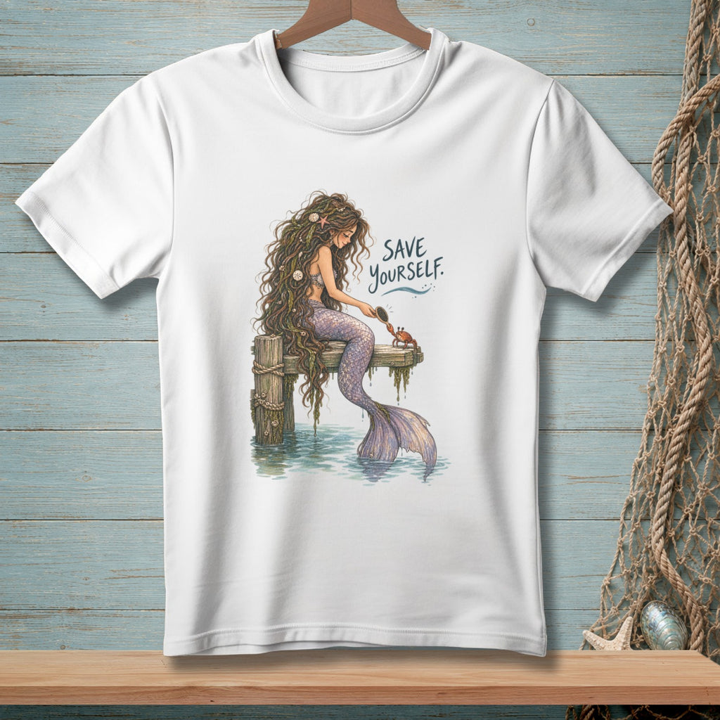 White t-shirt with a mermaid brushing a crab on a dock with "SAVE YOURSELF." text.