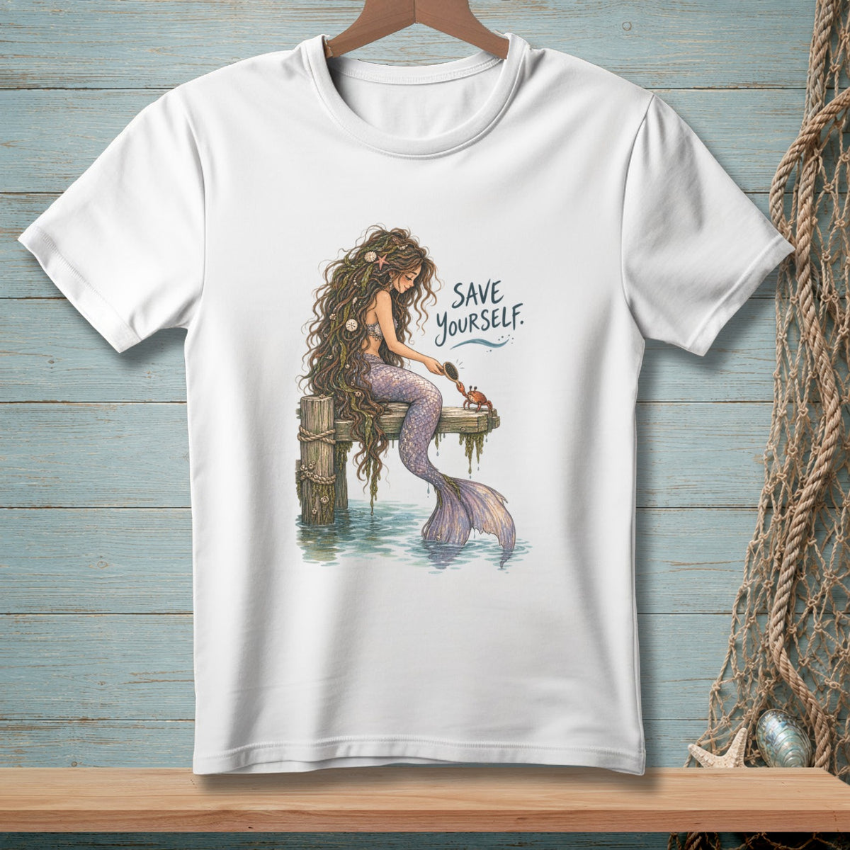 White t-shirt with a mermaid brushing a crab on a dock with "SAVE YOURSELF." text.