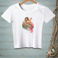 White t-shirt with a drawing of a mermaid and crab with a drink.
