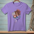 Purple t-shirt with mermaid, octopus, and welcome to the tangle zone sign.