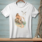 Illustration of a mermaid sitting on a rock with a seagull dropping fruit from a pot.