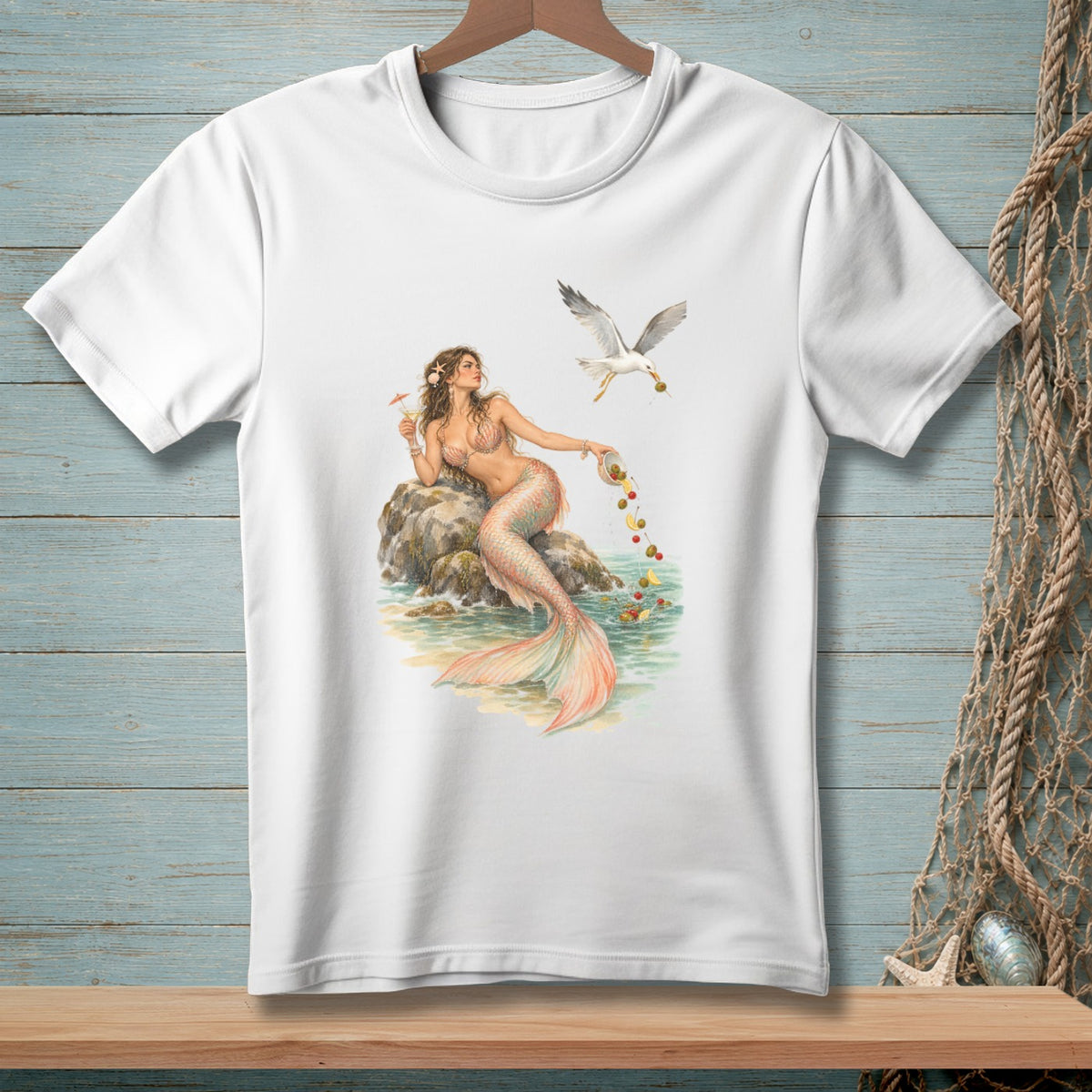 Illustration of a mermaid sitting on a rock with a seagull dropping fruit from a pot.