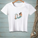 White t-shirt with mermaid and seagull on a buoy with "NO WAKE" text.