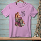 Pink t-shirt with a mermaid, crab, and text "Crabby Looks Good On You."