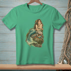 Mermaid with starfish in hair rests on rocks with treasures.