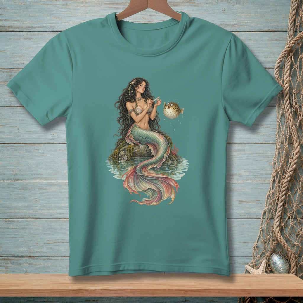 Mermaid filing her nails with a pufferfish blowing bubbles in the water.