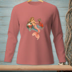 Mermaid with champagne and lobster in water on a coral long-sleeve shirt.
