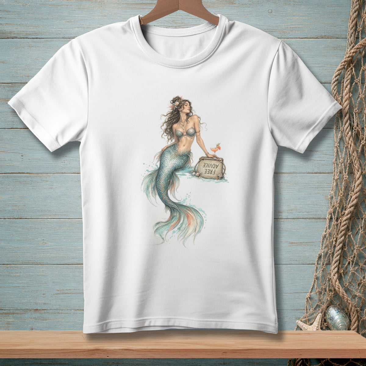 White t-shirt with a watercolor mermaid illustration offering "Free Advice".