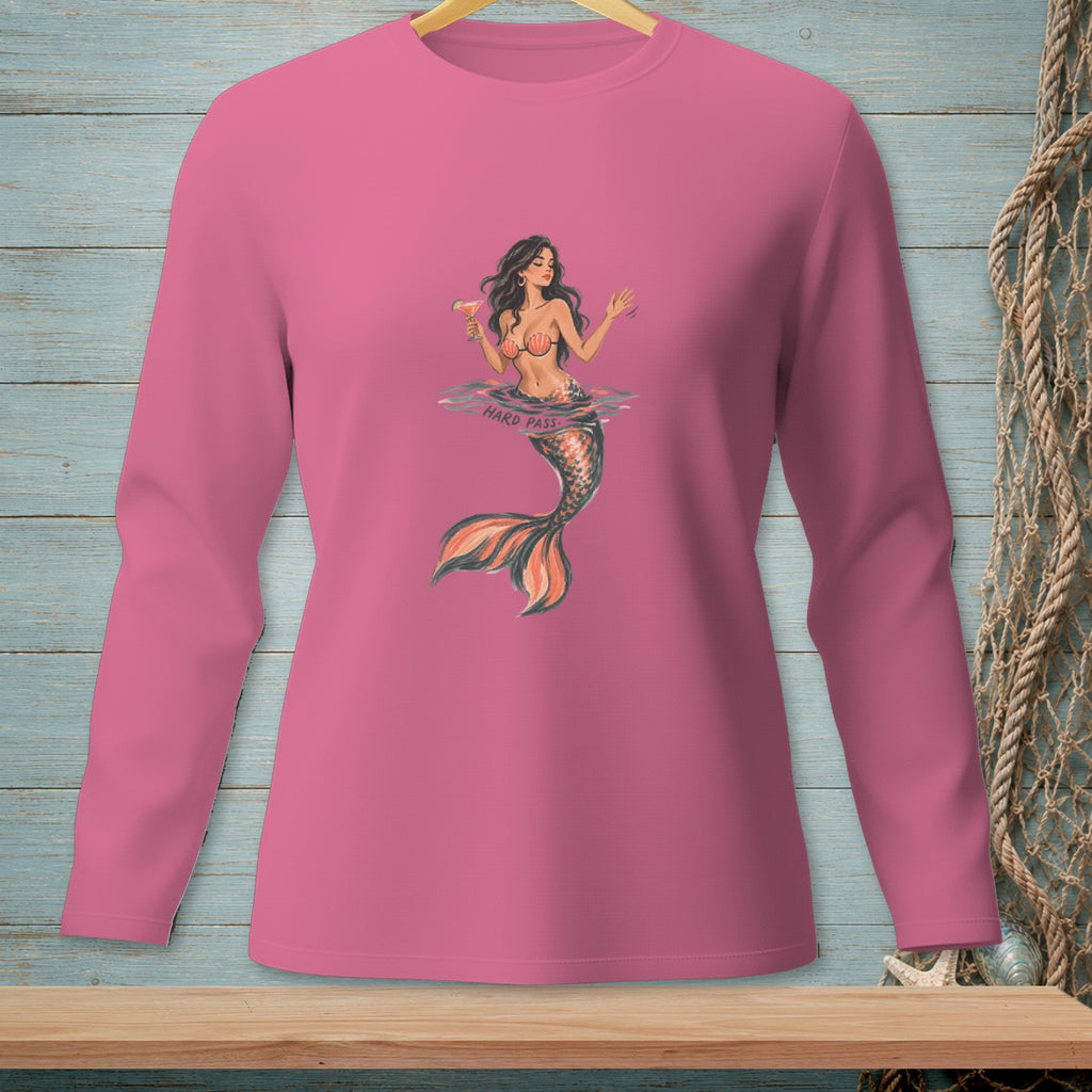 Pink long-sleeve shirt featuring a mermaid graphic with the text "HARD PASS".