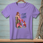A mermaid and a lobster with text "Claw And Order" on a purple t-shirt.