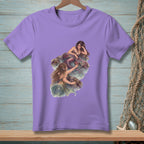 Purple t-shirt with a print of two mermaids sitting on rocks in the water.