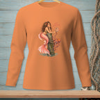 Orange long-sleeve shirt with a mermaid and octopus graphic that says "Just Confirming".