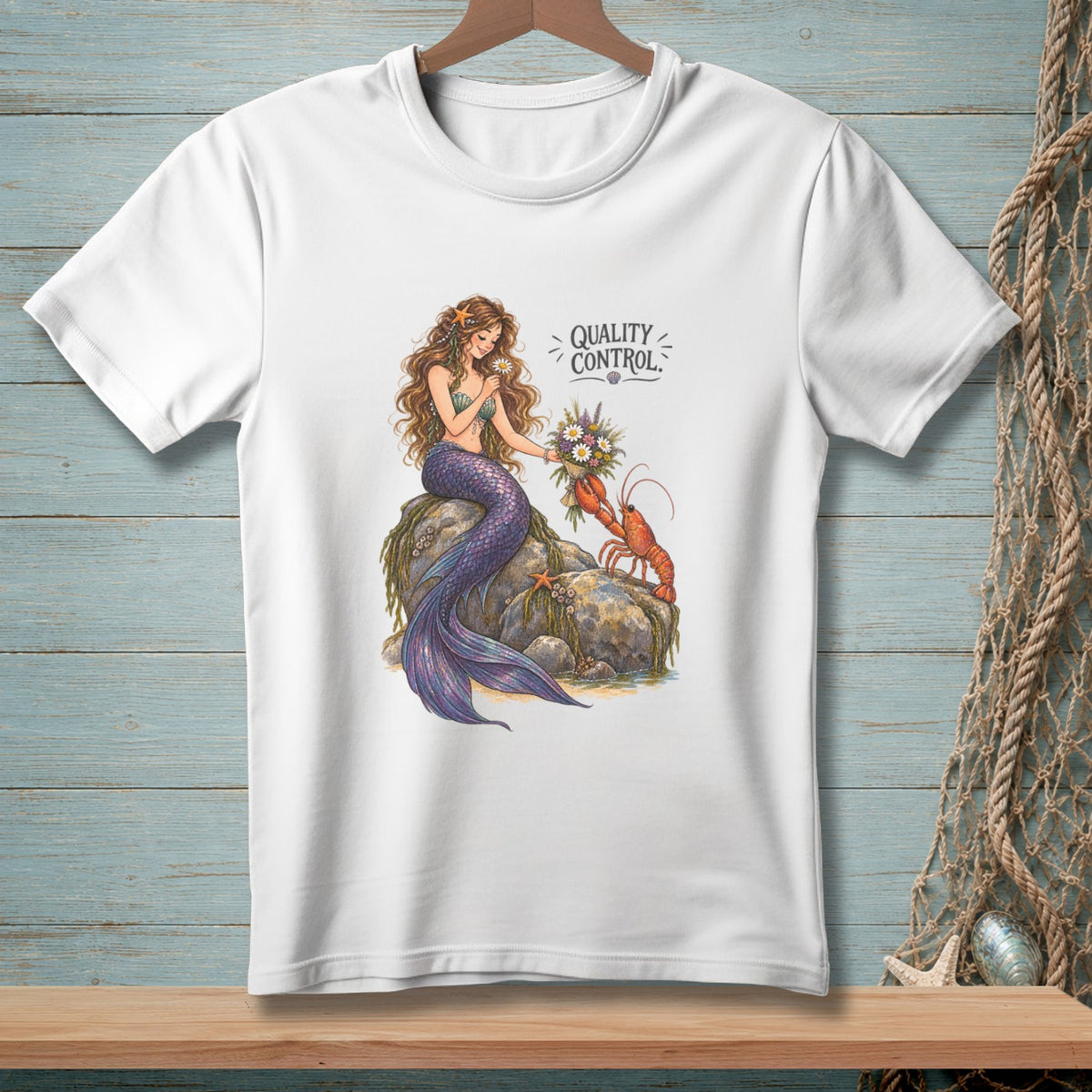 Mermaid with flowers and a lobster with text "QUALITY CONTROL".