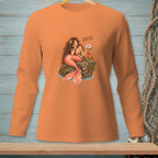 Orange long-sleeve shirt with a mermaid, crab, and text bubble graphic.