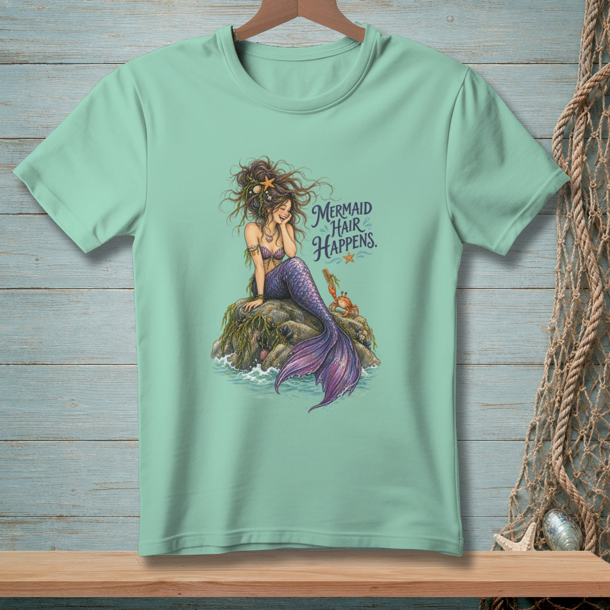 Mint t-shirt with mermaid graphic and text "MERMAID HAIR HAPPENS."