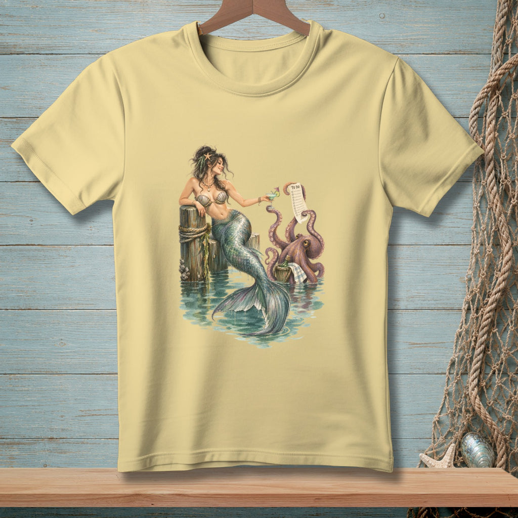 Mermaid with an octopus holding a to-do list and drink next to a dock.