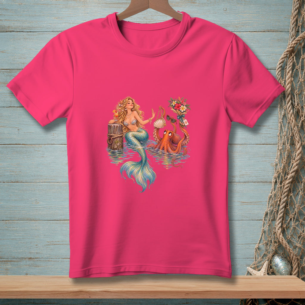 Pink t-shirt with illustration of a mermaid and octopus in the water.