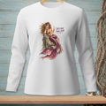 Long sleeve white shirt with mermaid graphic and text "Salty Hair Fancy Drink."