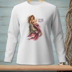 Long sleeve white shirt with mermaid graphic and text "Salty Hair Fancy Drink."