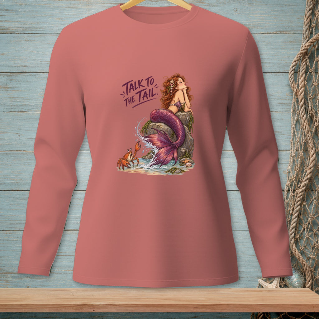 Mermaid with text "Talk to the tail" sitting on a rock with a crab.