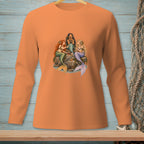 Orange long-sleeve shirt with a graphic of three mermaids sitting on rocks eating.