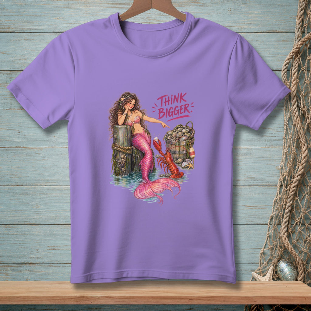 Mermaid with pink tail and lobster sits by a bucket of oysters, text reads "THINK BIGGER".