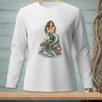 Long-sleeve white shirt with a mermaid graphic sitting on a rock.