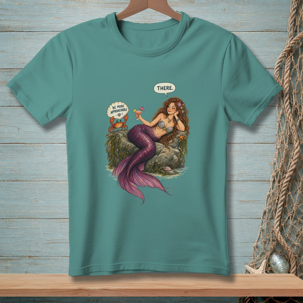 Mermaid with drink, crab with speech bubble saying "BE MORE APPROACHABLE."
