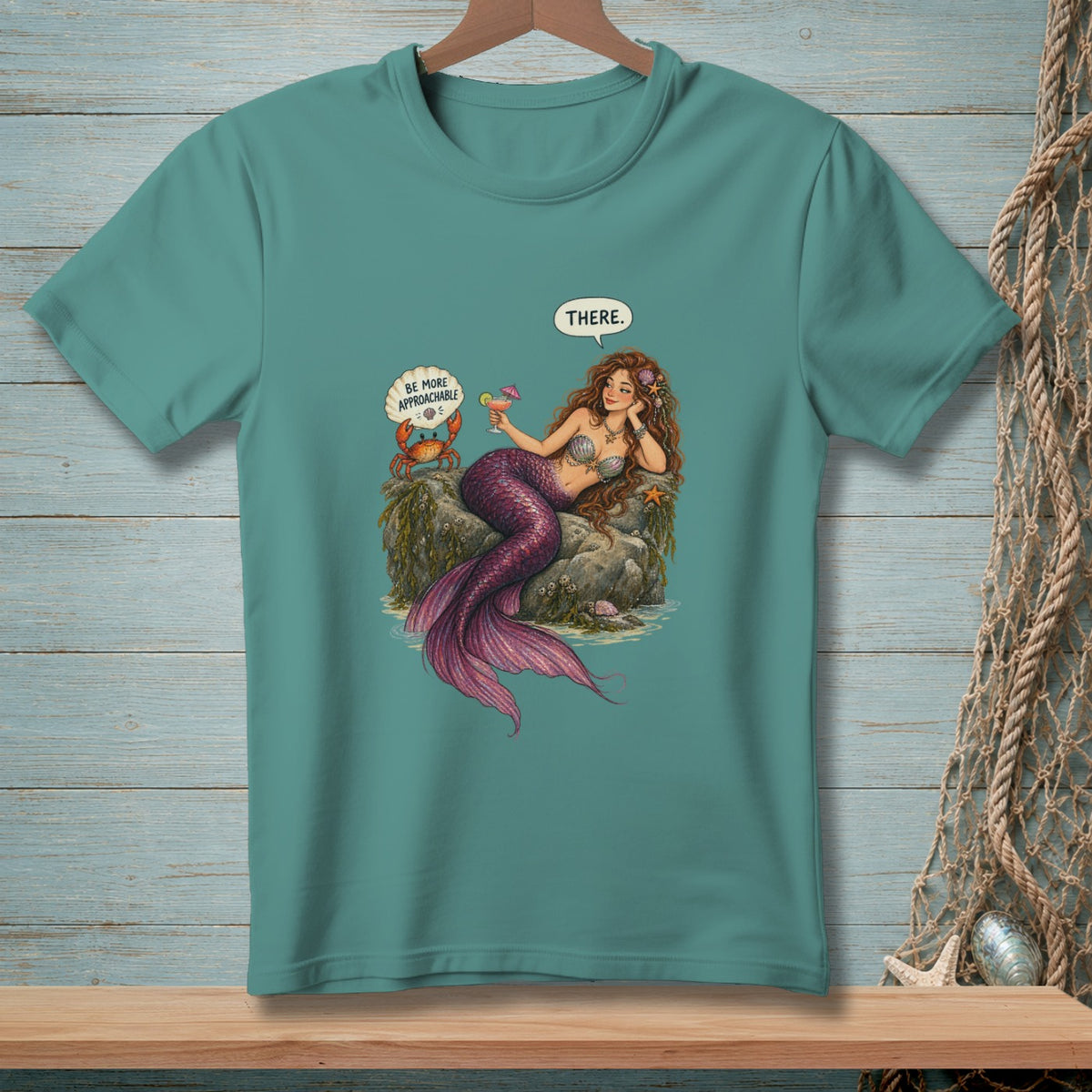 Mermaid with drink, crab with speech bubble saying "BE MORE APPROACHABLE."