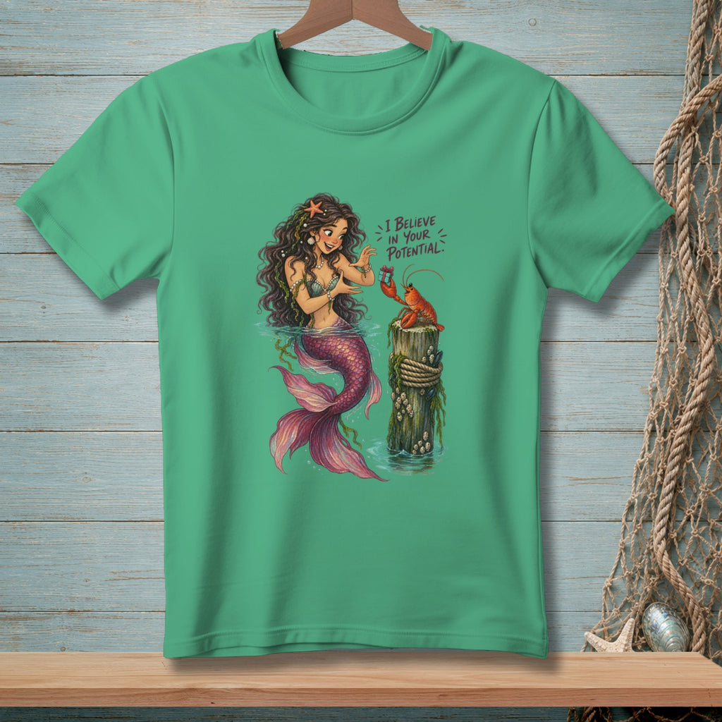 Mermaid with lobster on a post with text "I believe in your potential."