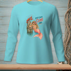 Mermaid and lobster graphic on a teal long-sleeve shirt reading "Keep Your Claws On."