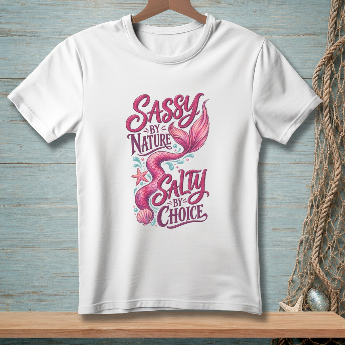 White t-shirt with a pink mermaid and "Sassy by Nature Salty by Choice" text.
