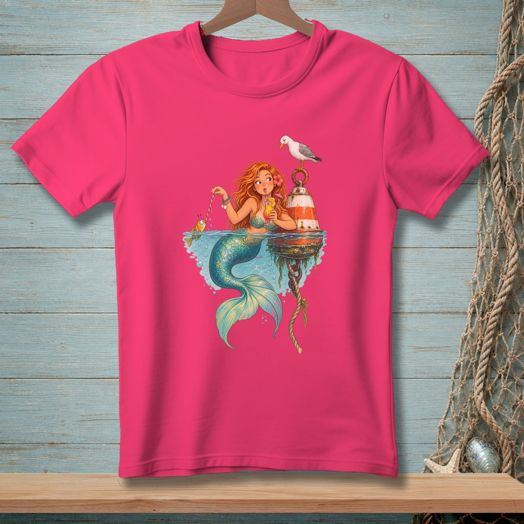 Mermaid drinking a cocktail with a seagull on a buoy and a fish.