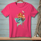 Mermaid drinking a cocktail with a seagull on a buoy and a fish.