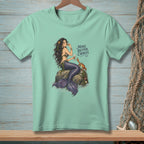 Mint t-shirt with mermaid, crab, and text "MAKE BETTER CHOICES".